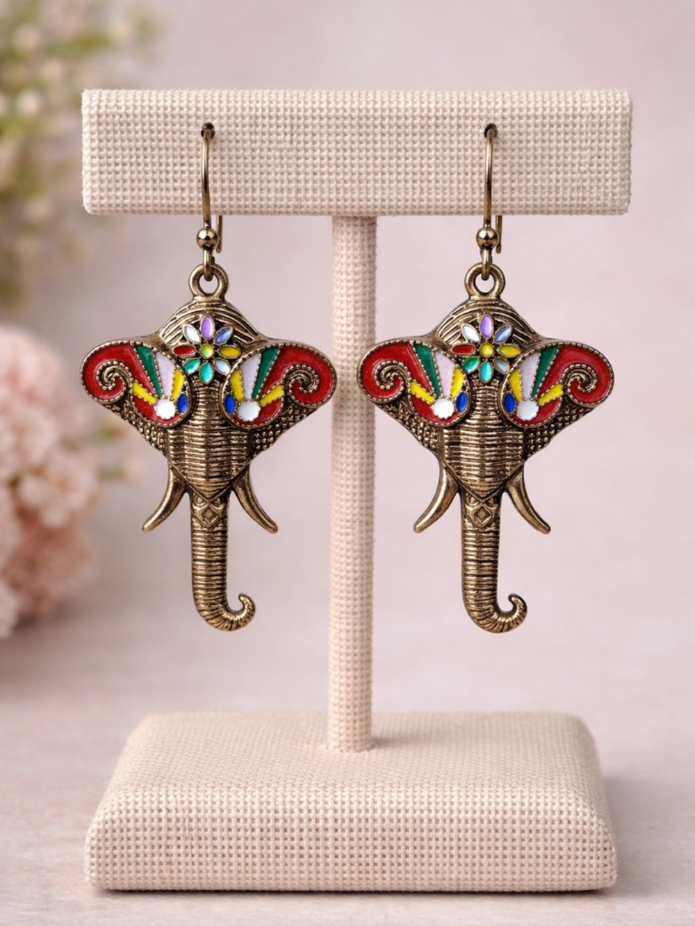 Colorful Elephant Drop Earrings - Brass Tone